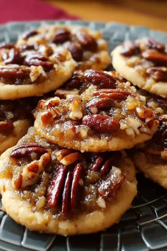 Fresh baked pecan pie cookies with bubbling pecan filling cooling on wire rack