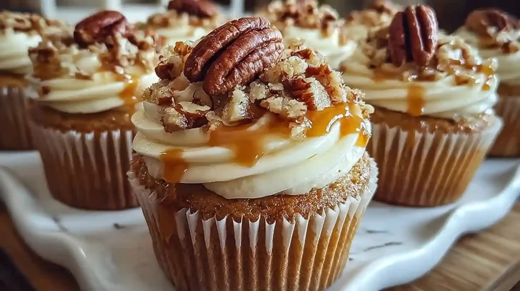 Pecan Pie Cupcakes topped with whipped cream frosting and toasted pecans on a wooden serving board