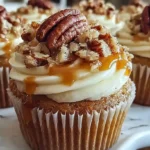 Pecan Pie Cupcakes topped with whipped cream frosting and toasted pecans on a wooden serving board
