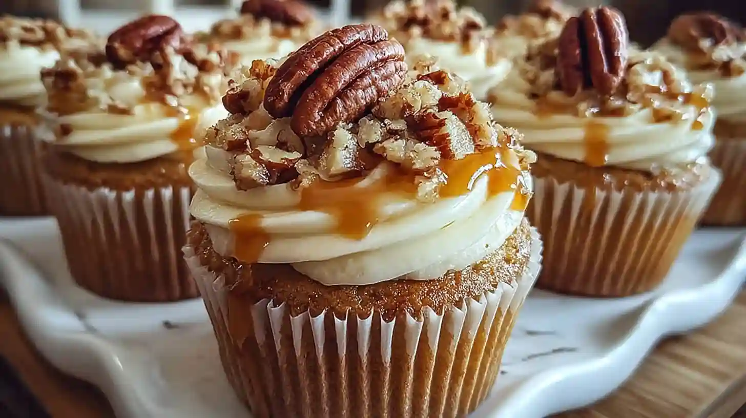 Pecan Pie Cupcakes topped with whipped cream frosting and toasted pecans on a wooden serving board