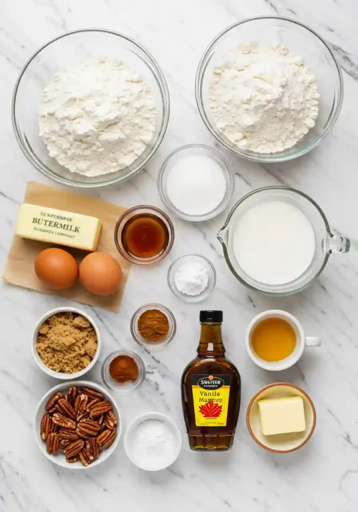 All ingredients for Pecan Pie Cupcakes including flour, butter, pecans, sugar, buttermilk, and syrups arranged on countertop