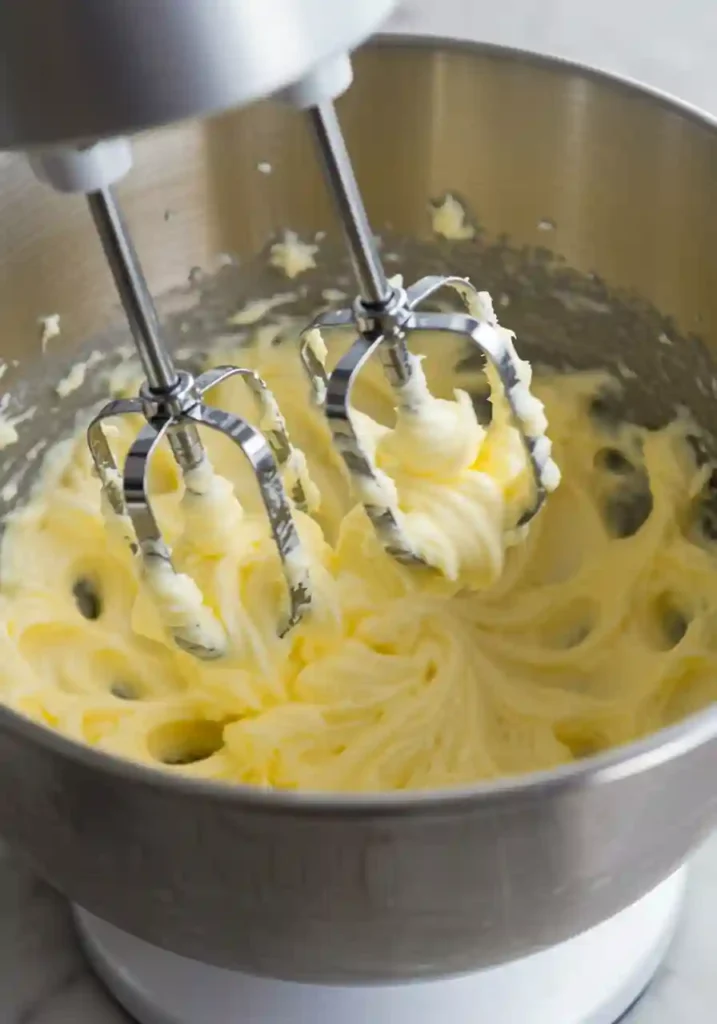 Electric mixer beating butter and sugar mixture until light and fluffy for Pecan Pie Cupcakes batter