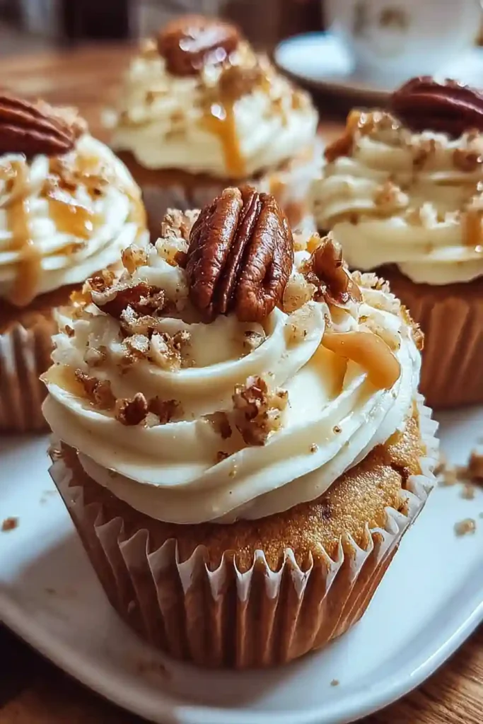 Piping bag adding whipped cream frosting swirls onto cooled Pecan Pie Cupcakes with pecan garnish