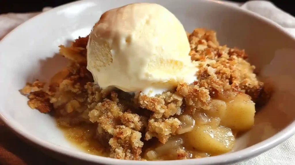 Homemade sugar free apple crisp with golden oat topping in ceramic baking dish on wooden table