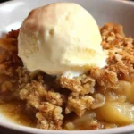 Homemade sugar free apple crisp with golden oat topping in ceramic baking dish on wooden table
