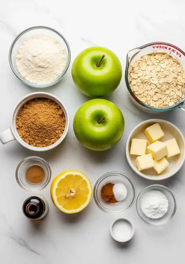 Fresh apples, almond flour, oats, sugar substitute and baking ingredients for sugar free apple crisp