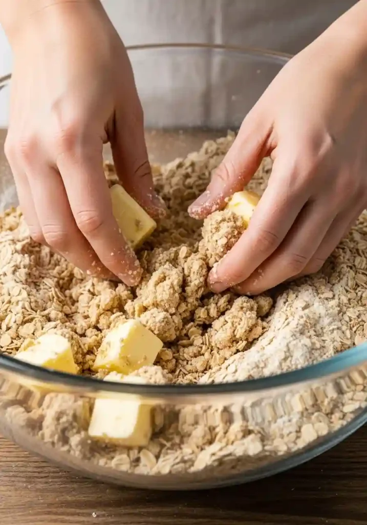 Mixing cold butter into oat and almond flour mixture with pastry cutter for apple crisp topping
