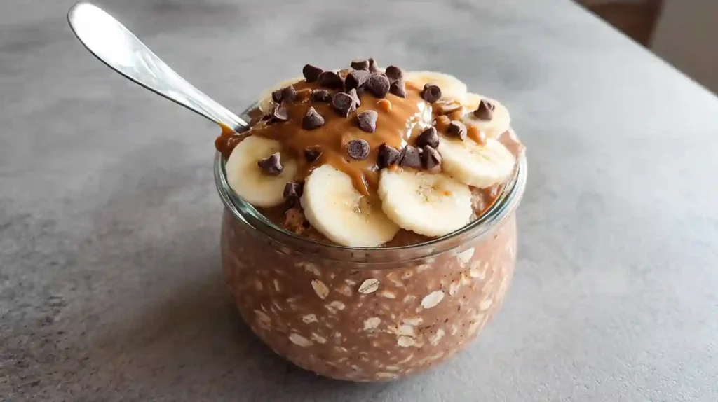 Chocolate peanut butter overnight oats in a mason jar topped with chocolate chips and peanut butter drizzle on a marble counter