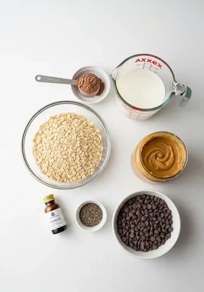 All ingredients for chocolate peanut butter overnight oats including old fashioned oats, almond milk, chocolate protein powder, peanut butter, and chia seeds