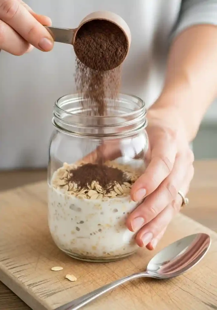 Combining oats, almond milk, chocolate protein powder, peanut butter, and chia seeds in a mason jar for overnight oats