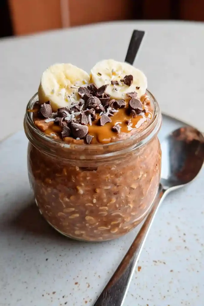 Stirring chocolate peanut butter overnight oats after refrigeration and adding chocolate chip toppings before serving