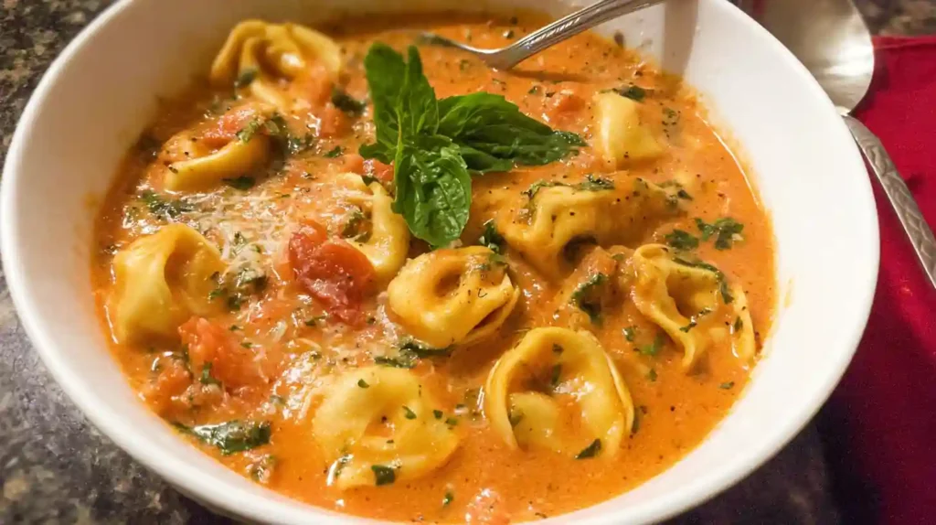 Bowl of creamy tomato tortellini soup garnished with fresh basil and Parmesan cheese