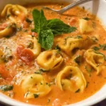 Bowl of creamy tomato tortellini soup garnished with fresh basil and Parmesan cheese