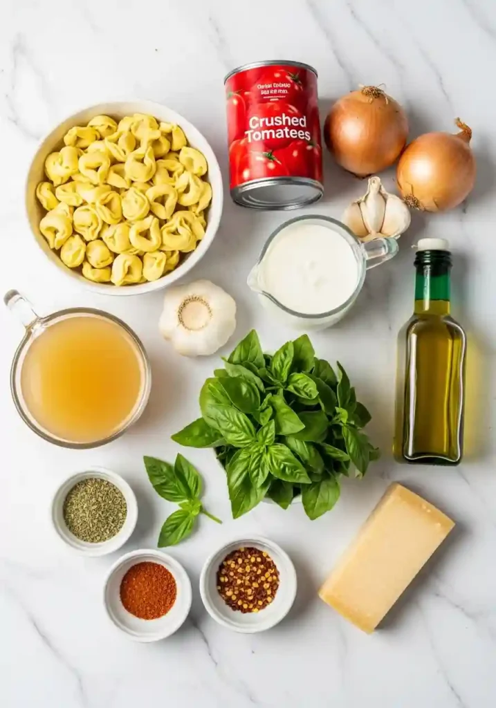 All ingredients needed to make creamy tomato tortellini soup laid out on counter