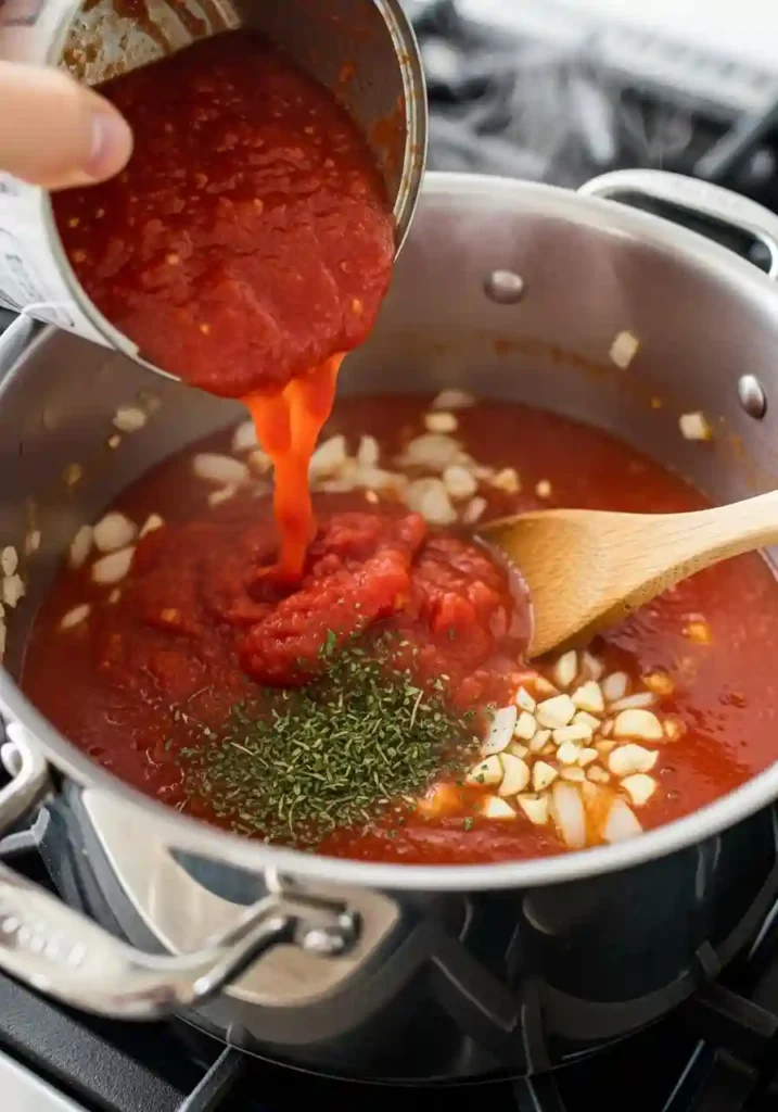 Crushed tomatoes and broth simmering with herbs in large pot on stovetop