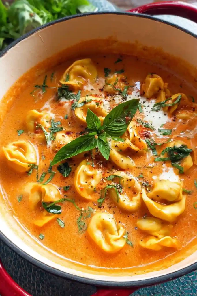 Heavy cream being poured into tomato tortellini soup creating creamy swirls