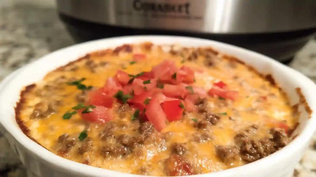 Creamy rotel dip with ground beef in white slow cooker surrounded by tortilla chips on wooden board