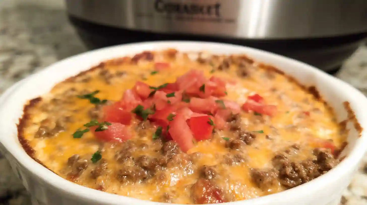 Creamy rotel dip with ground beef in white slow cooker surrounded by tortilla chips on wooden board