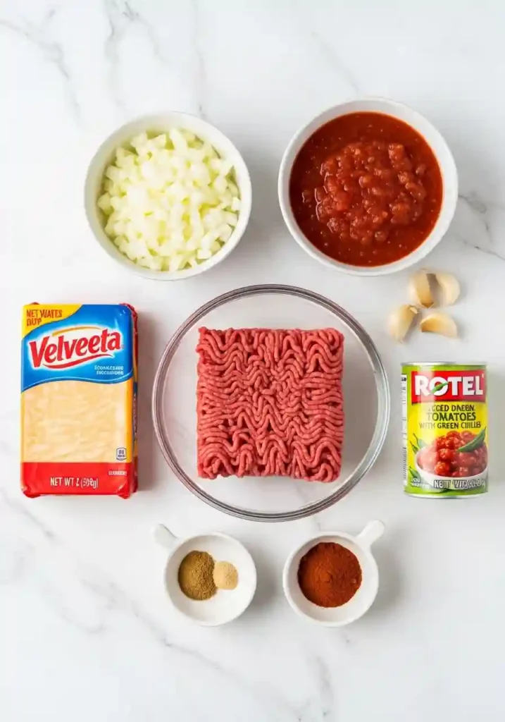 Raw ingredients including ground beef, Velveeta cheese, Rotel tomatoes, onions and spices on marble counter