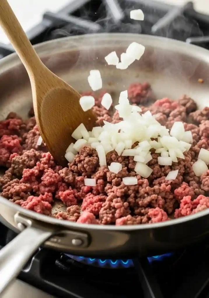 Ground beef and diced onions cooking in stainless steel skillet with wooden spoon