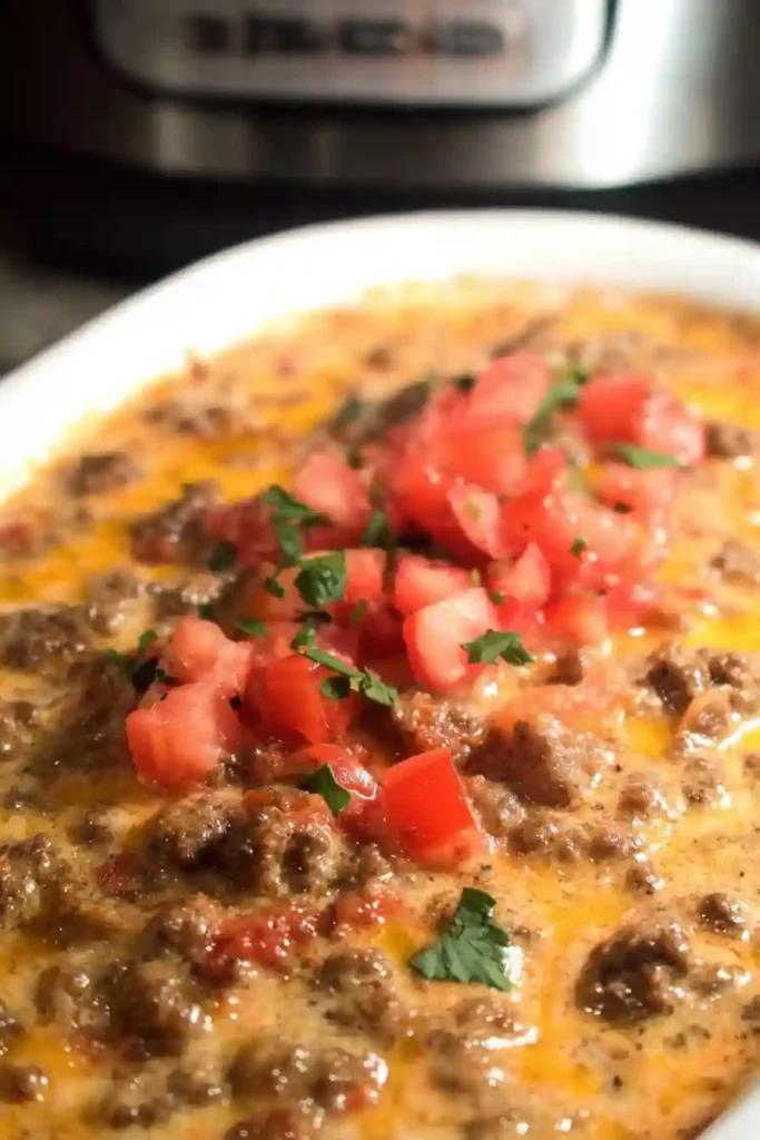 Cubed Velveeta cheese and Rotel tomatoes being added to browned ground beef in slow cooker