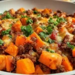 Sweet potato and ground beef skillet topped with melted cheese, avocado, cilantro, and sour cream