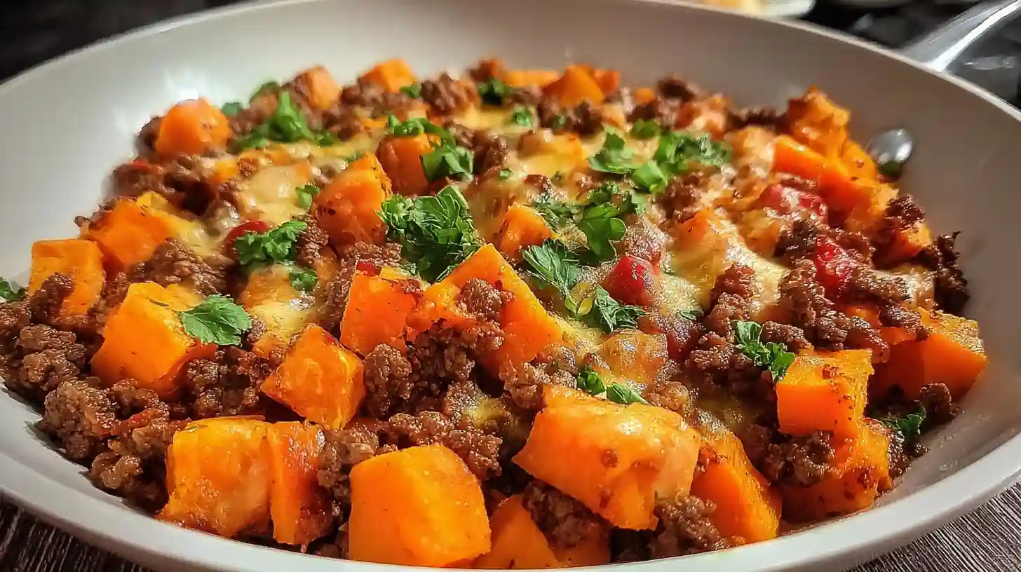 Sweet potato and ground beef skillet topped with melted cheese, avocado, cilantro, and sour cream