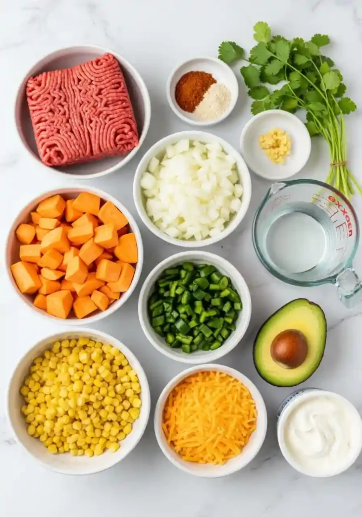 Raw ingredients for sweet potato and ground beef recipe including cubed sweet potatoes, ground beef, vegetables, and seasonings