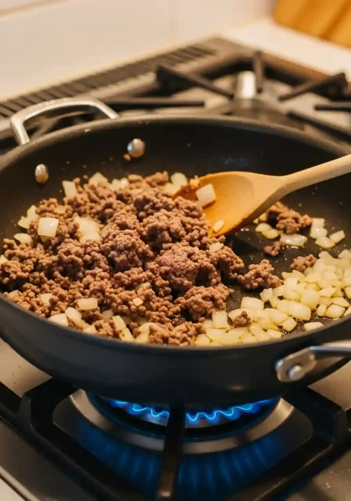 Ground beef and diced onions browning in a nonstick skillet with wooden spoon