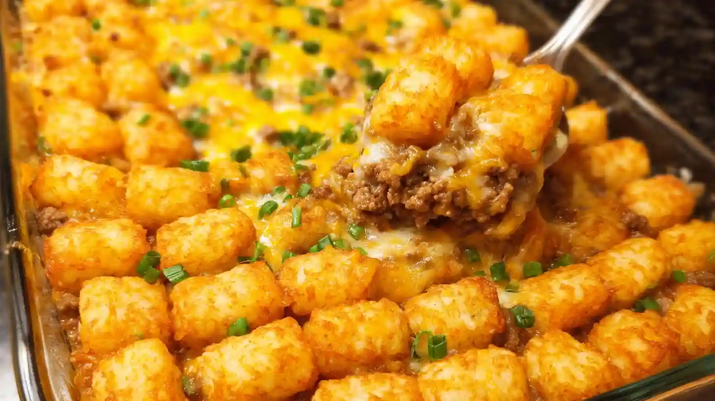 Tater tot casserole with ground beef topped with crispy golden tater tots, melted cheddar cheese, and fresh scallions in white baking dish