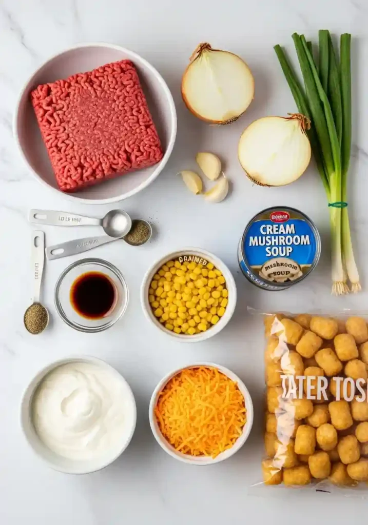 Raw ingredients for tater tot casserole including ground beef, frozen tater tots, cheddar cheese, onion, garlic, corn, and cream of mushroom soup