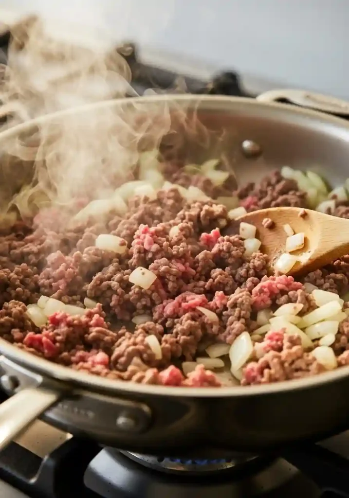 Ground beef and diced onions cooking in skillet until browned for tater tot casserole