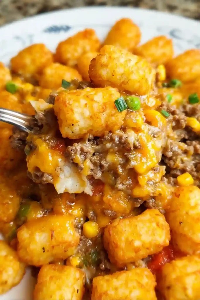 Arranging frozen tater tots in rows over beef mixture and cheese in baking dish for tater tot casserole