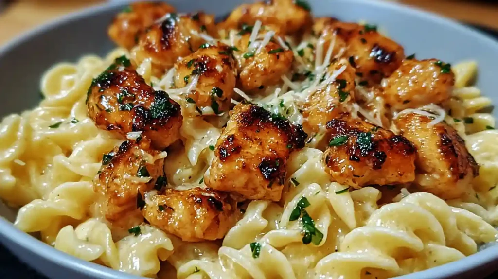 Garlic Butter Chicken Bites with Savory Creamy Parmesan Pasta