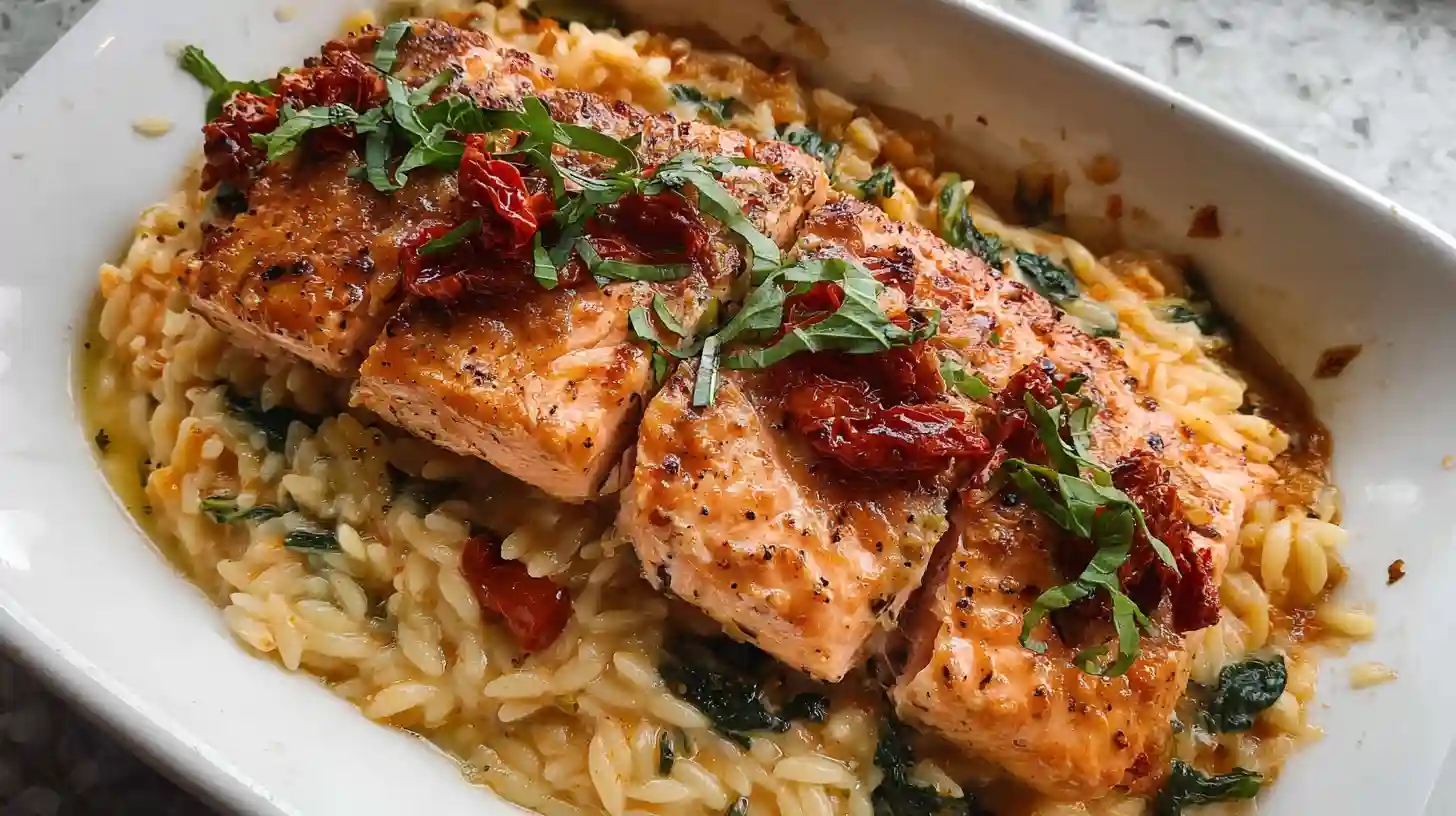 Sun-dried Tomato Baked Salmon Orzo