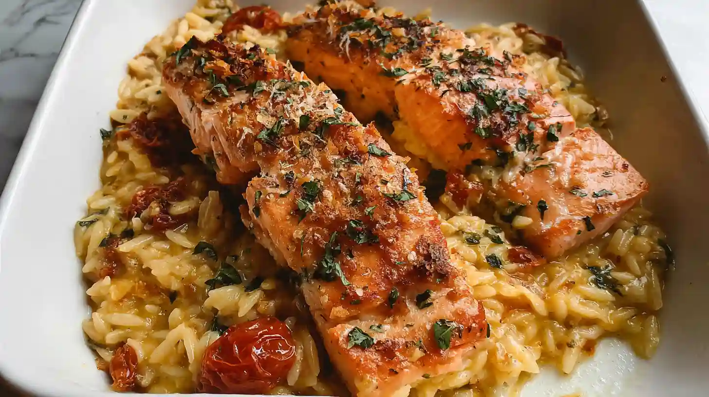 Sun-dried Tomato Baked Salmon Orzo