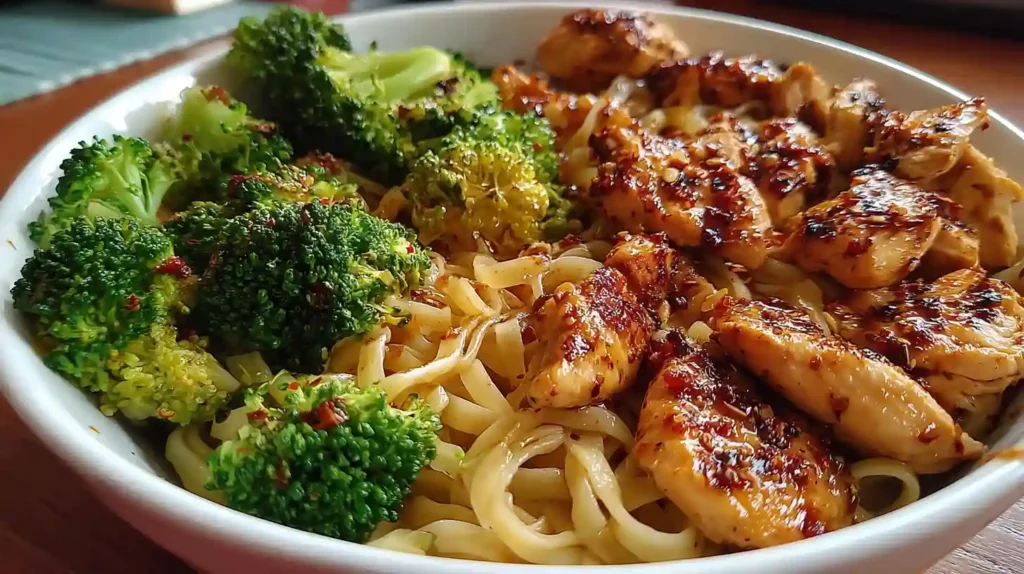 Spicy Garlic Chicken and Broccoli Noodle Bowls