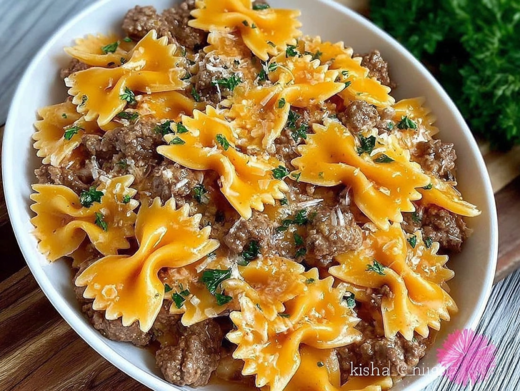 Garlic Butter Beef & Cheesy Bowtie Pasta