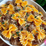 Garlic Butter Beef & Cheesy Bowtie Pasta