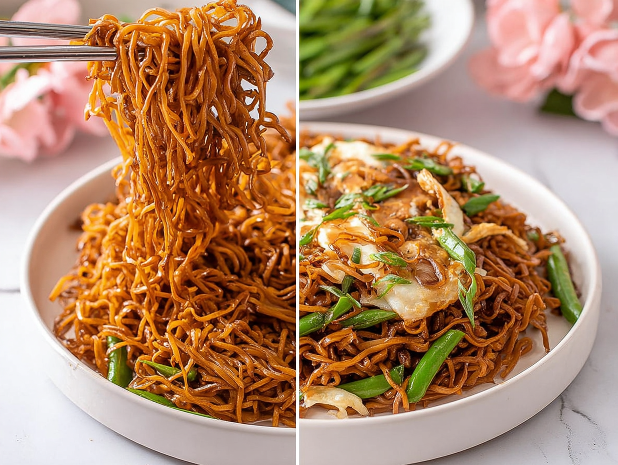 A close-up shot of Cantonese Chow Mein in a white bowl with chopsticks.