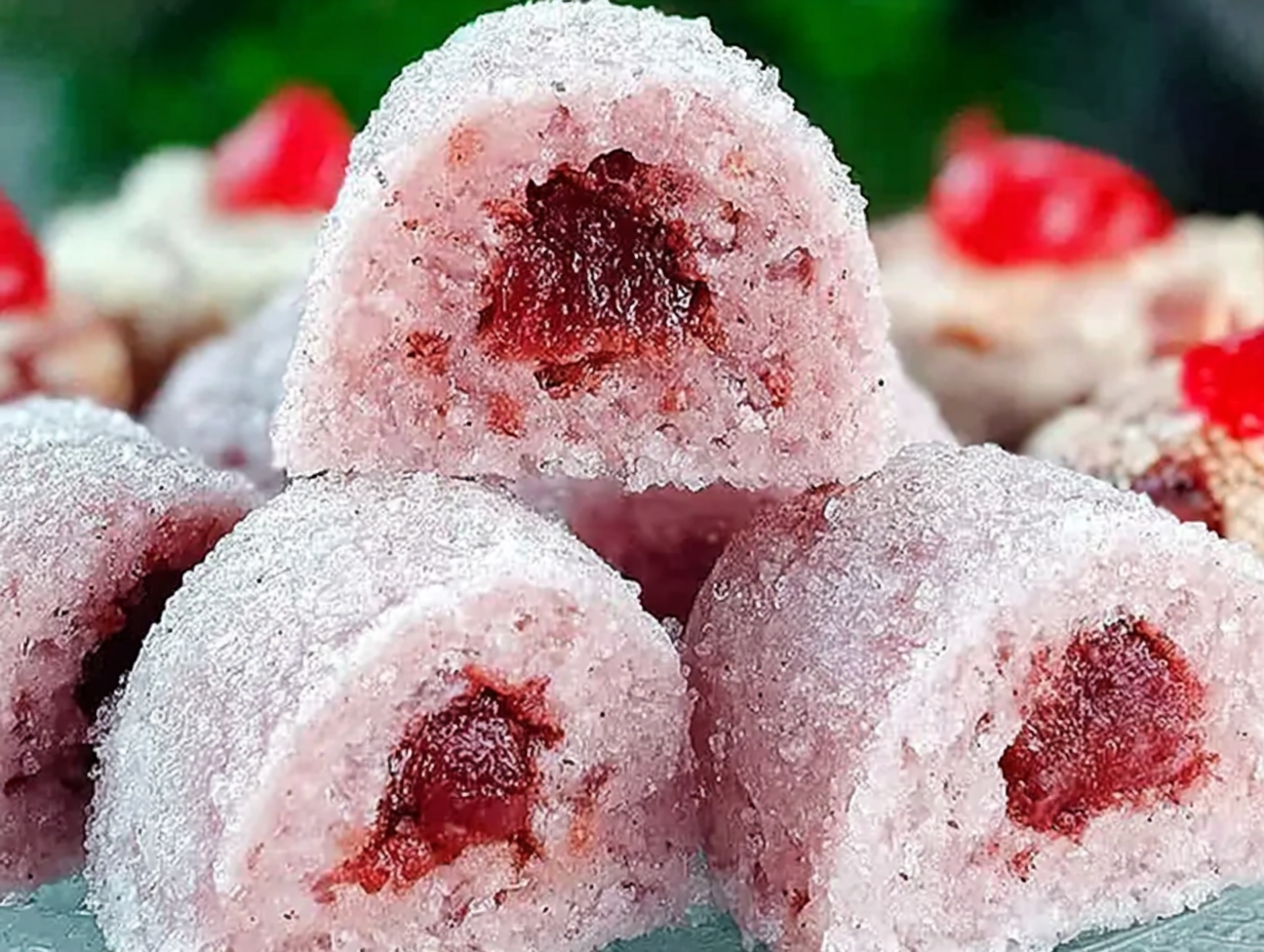 A plate of cherry snowball cookies dusted with powdered sugar, with a few broken open to show the cherry and chocolate chip inside.