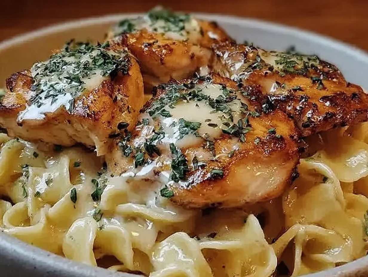 A bowl of chicken with buttered noodles, garnished with fresh parsley.