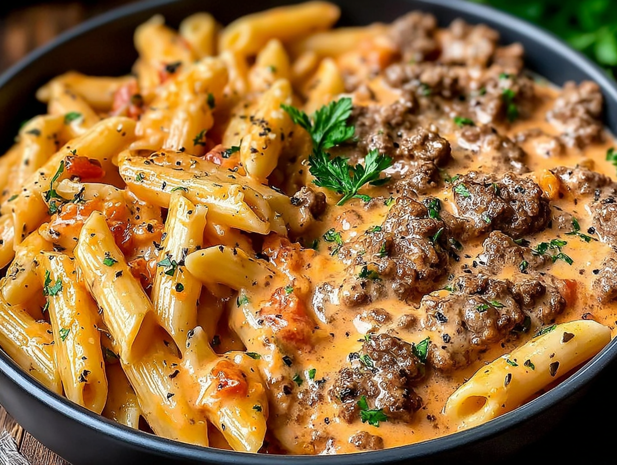 A bowl of creamy beef pasta with a fork in it.