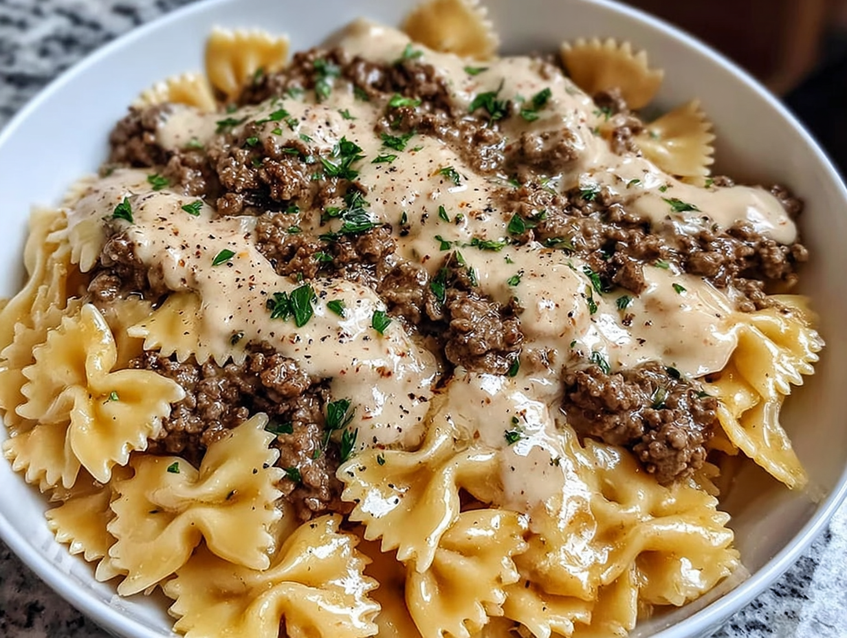 Creamy Parmesan Garlic Beef Bowtie Pasta