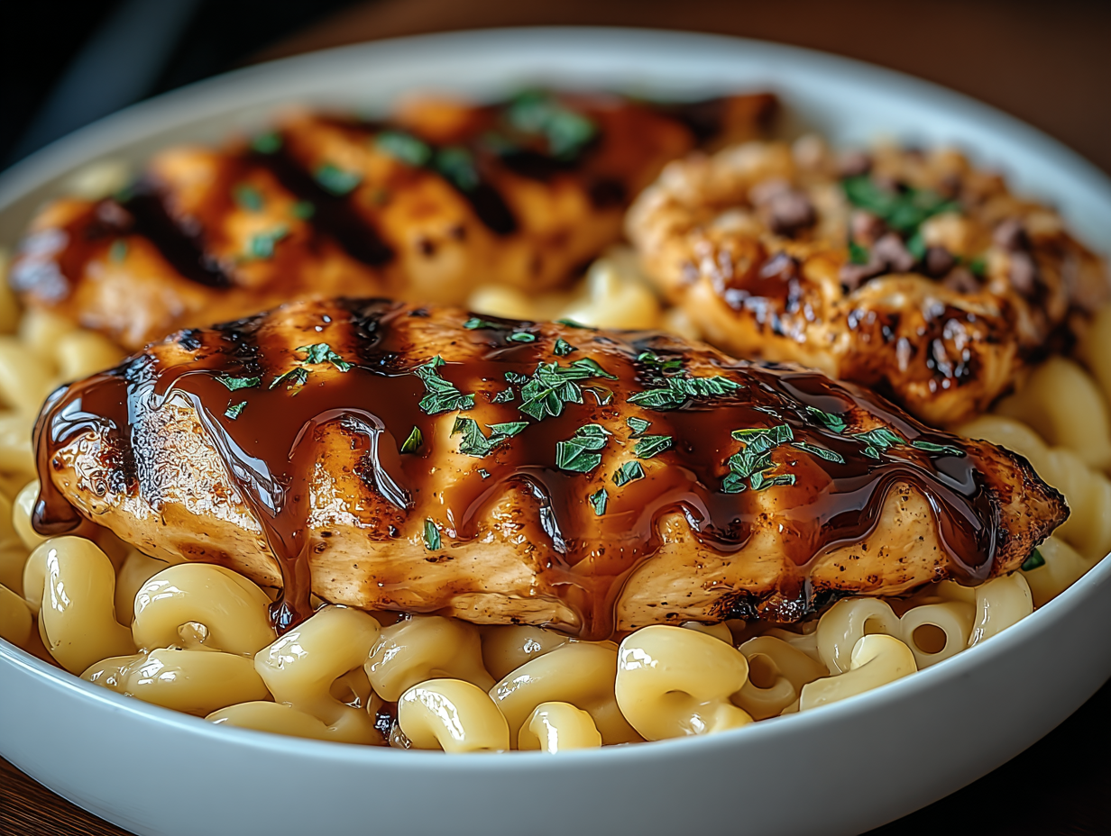 High Protein Honey Garlic Butter Chicken with Mac & Cheese in a white bowl