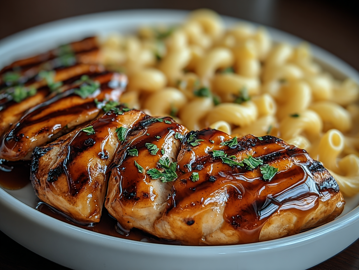 High Protein Honey Garlic Butter Chicken with Mac & Cheese in a white bowl