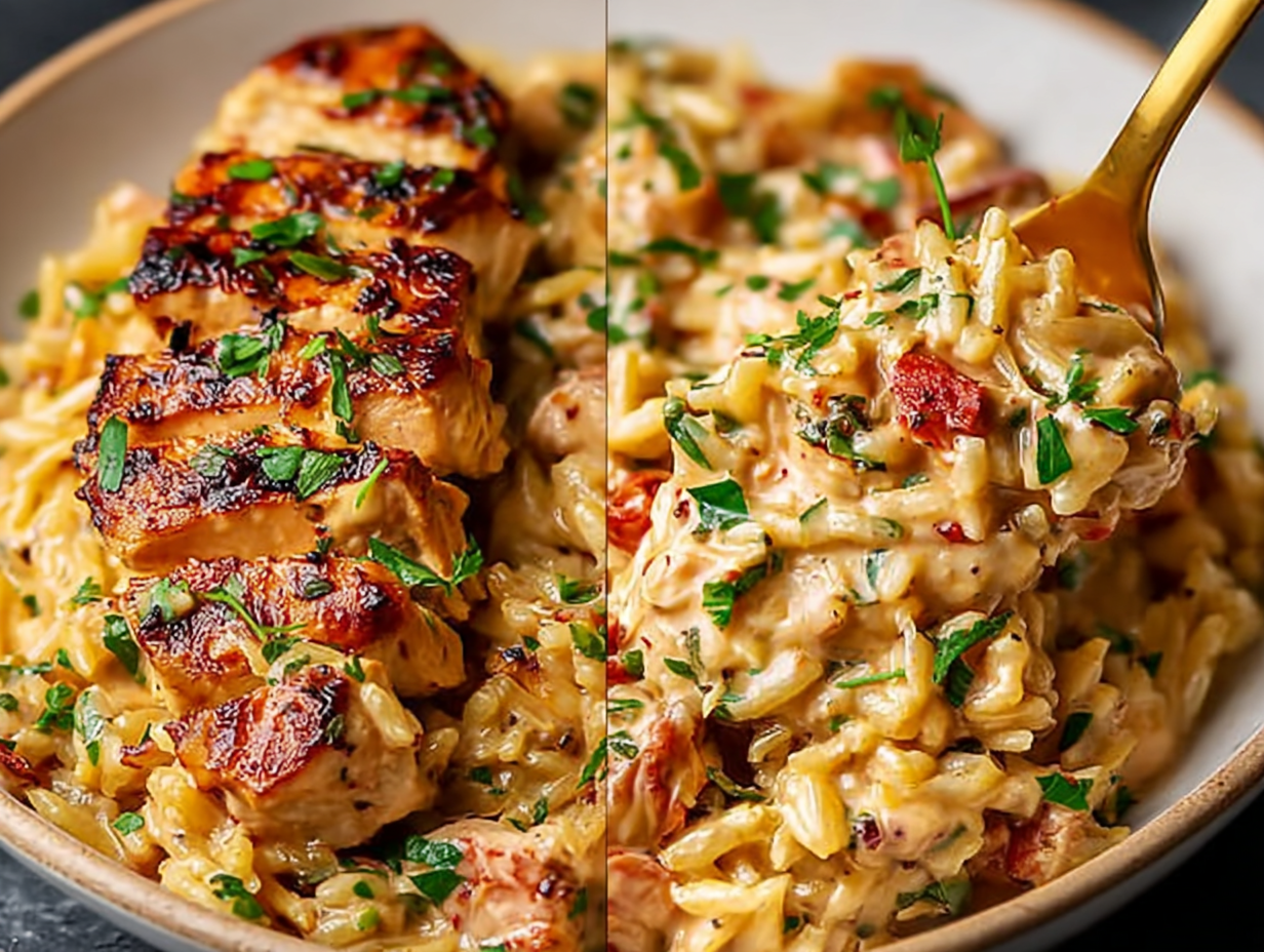 A serving of one-pot Cajun chicken alfredo orzo in a white bowl, garnished with parsley.