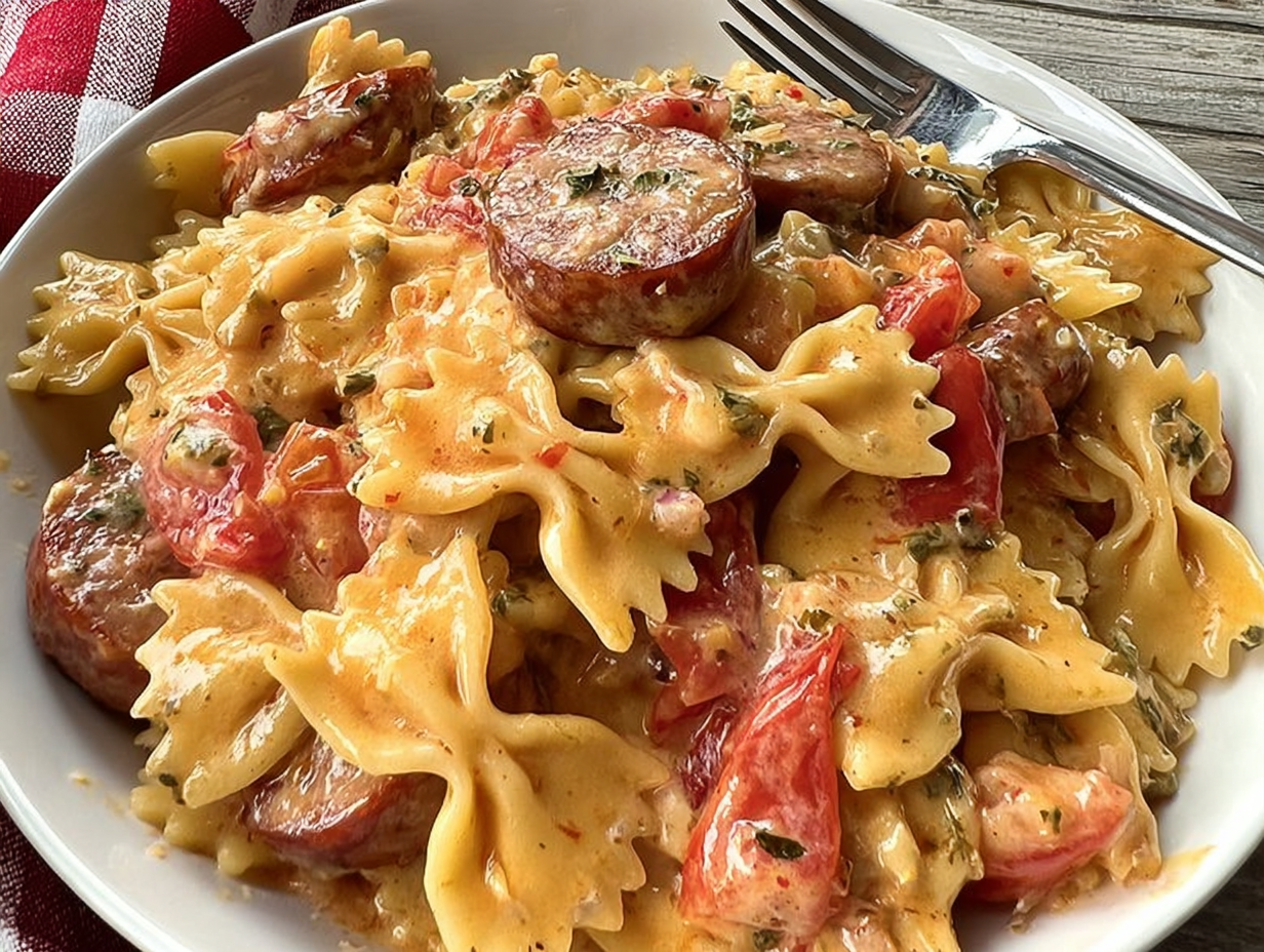 A bowl of one pot creamy cajun sausage pasta
