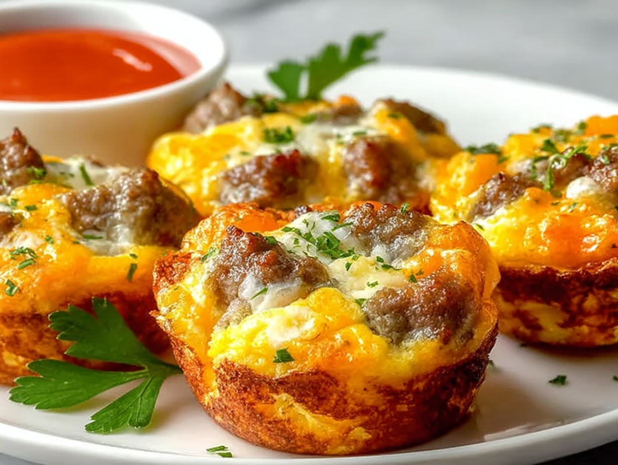 A tray of savory sausage egg bites fresh from the oven