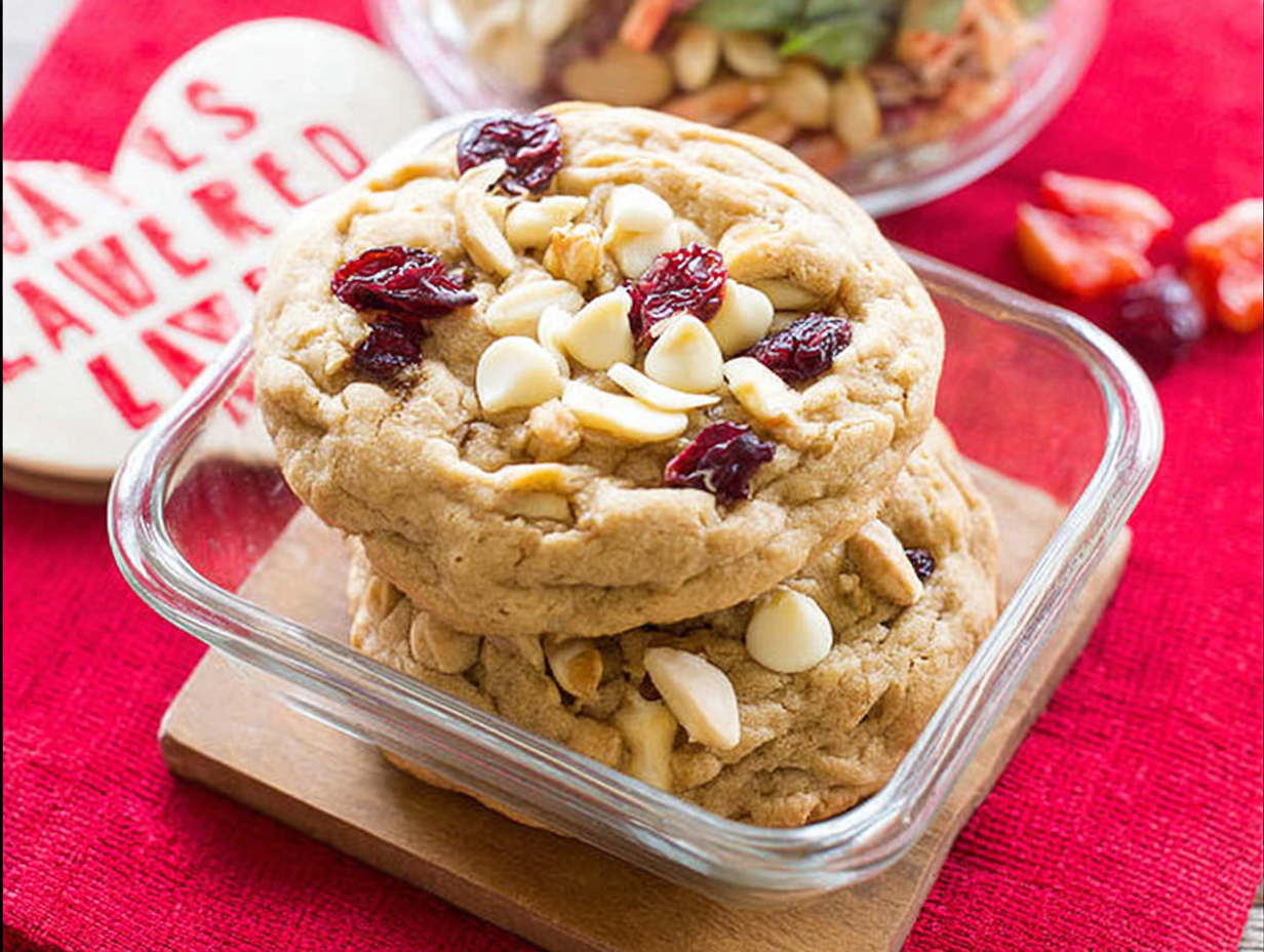 A stack of White Chocolate Cherry Almond Cookies on a white plate, with some cherries and almonds scattered around.
